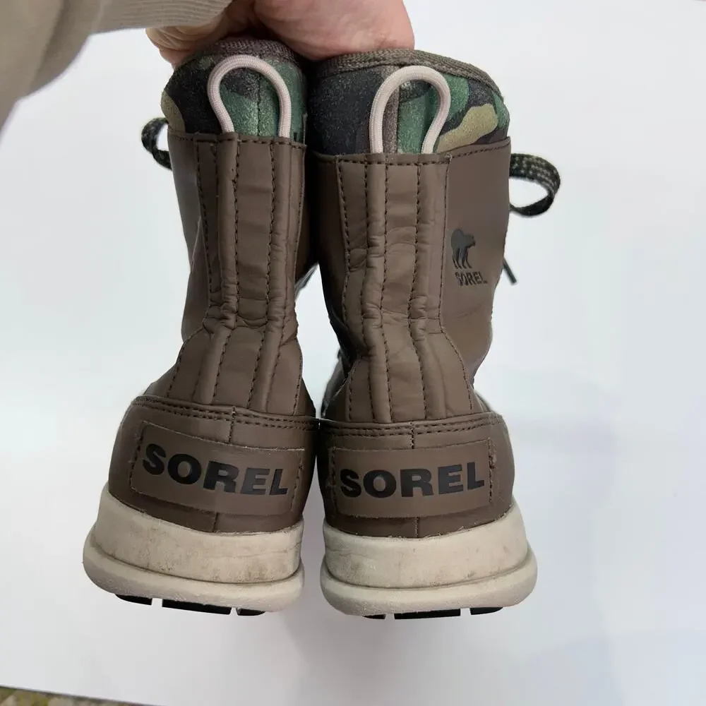 Sorel Explorer 1964 Boot 7.5 Beige Brown Green Camo Lace Up Ankle Bootie Winter